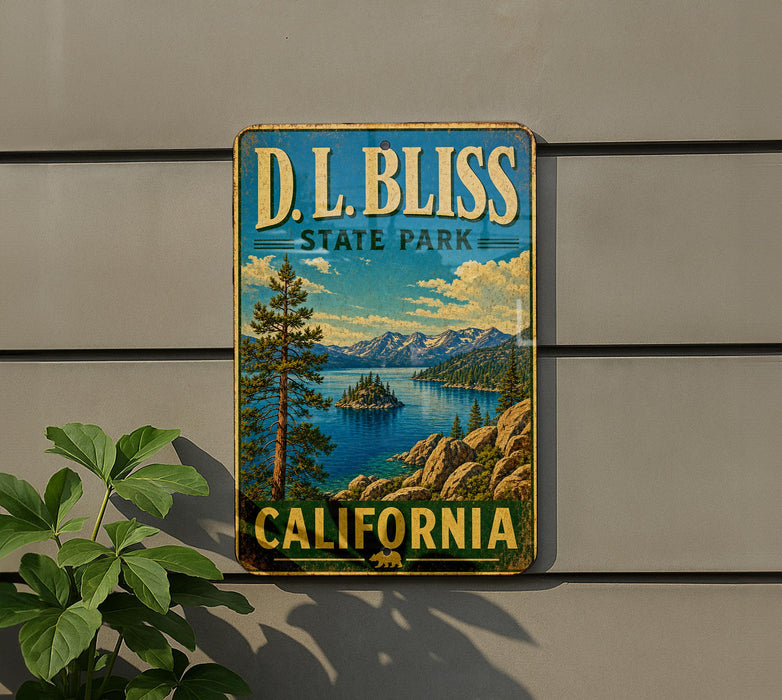 A vintage-style sign for D.L. Bliss State Park in California, featuring a scenic landscape with mountains, a lake, and pine trees.