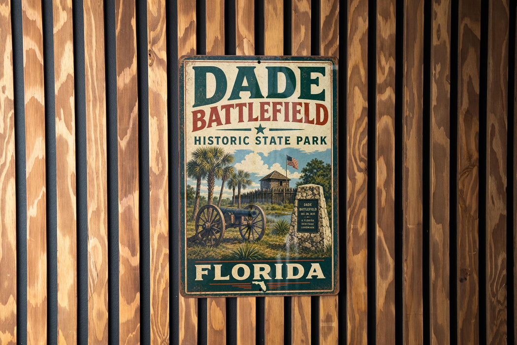 A vintage metal sign for Dade Battlefield Historic State Park in Florida, featuring an illustration of a cannon and a building, mounted on a wooden wall.