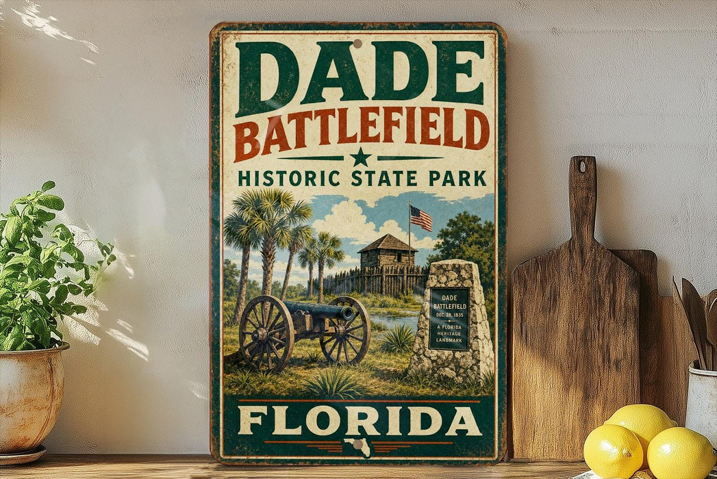 A vintage-style metal sign for Dade Battlefield Historic State Park in Florida, featuring a cannon and palm trees, is displayed on a shelf next to a wooden cutting board and a potted plant.