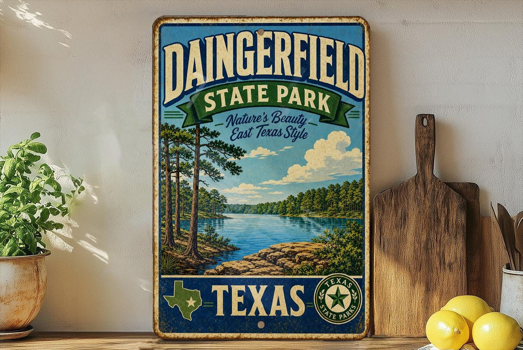 A vintage-style sign for Dainingfield State Park in Texas, featuring a scenic landscape with a lake and pine trees.