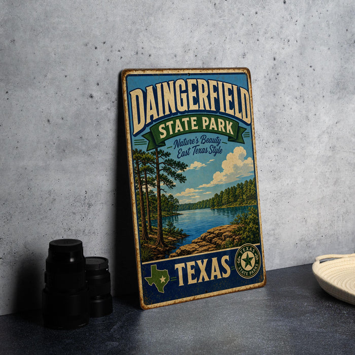 A vintage-style metal sign for Dainingfield State Park in Texas, featuring a scenic landscape with a lake and trees.