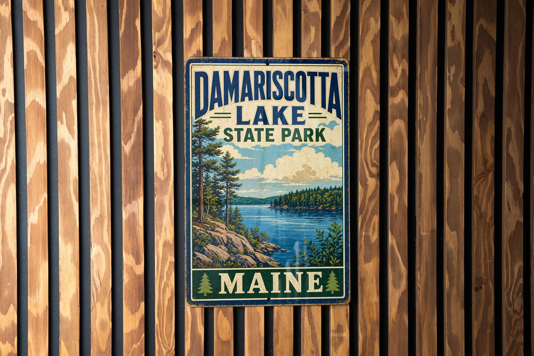A vintage-style metal sign for Damariscotta Lake State Park in Maine, featuring a scenic landscape with a lake, mountains, and pine trees.