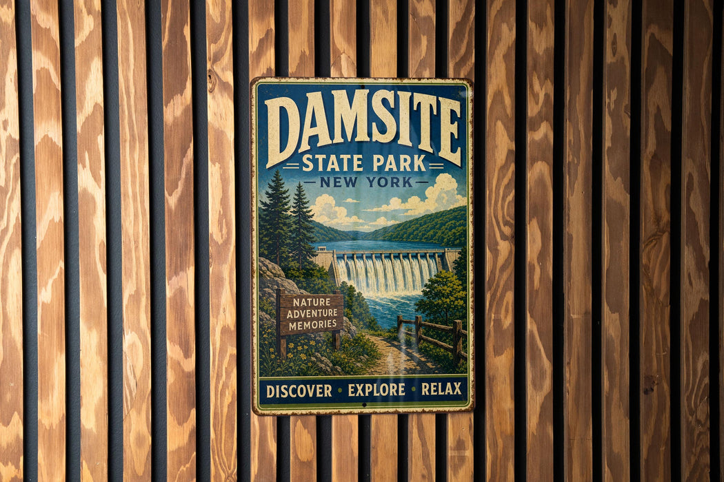 A vintage metal sign for Damsite State Park in New York, featuring a scenic landscape with a waterfall and a sign that says "Discover, Explore, Relax".