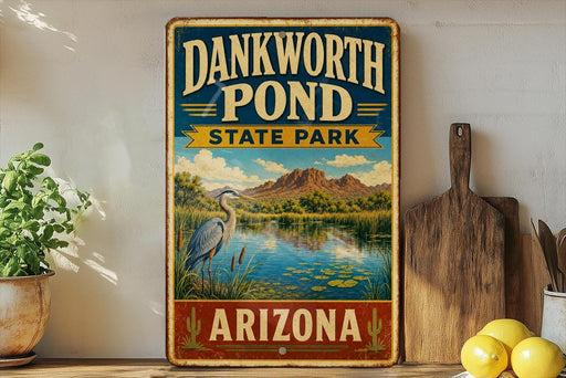 A vintage-style sign for Dankworth Pond State Park in Arizona, featuring a scenic landscape with a heron and a pond surrounded by mountains.