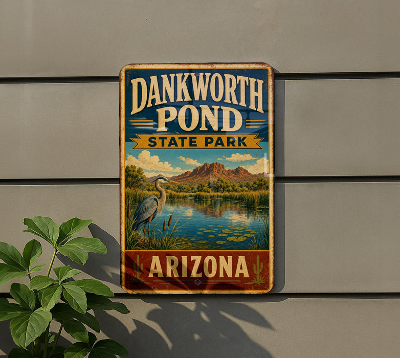 A vintage-style sign for Dankworth Pond State Park in Arizona, featuring a scenic landscape with mountains, a lake, and a bird.