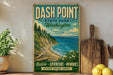 A vintage-style sign for DASH POINT State Park in Washington, featuring a scenic mountain landscape with a beach and ocean.