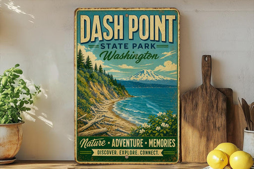 A vintage-style sign for DASH POINT State Park in Washington, featuring a scenic mountain landscape with a beach and ocean.