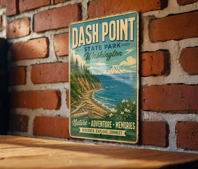 A vintage metal sign for Dash Point State Park in Washington, featuring a scenic landscape with a mountain, ocean, and coastal path.