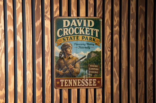 A vintage metal sign for David Crockett State Park in Tennessee, featuring an illustration of a man with a rifle and the text "Preserving History Naturally" and "Hiking, Camping, Fishing".