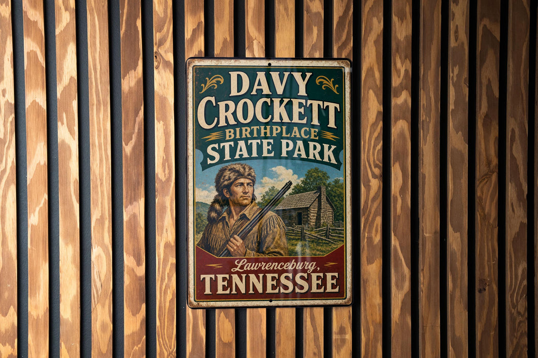 A vintage metal sign for Davy Crockett Birthplace State Park in Lawrenceburg, Tennessee.