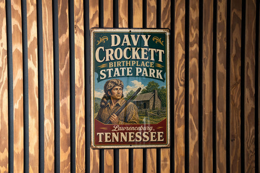 A vintage metal sign for Davy Crockett Birthplace State Park in Lawrenceburg, Tennessee.
