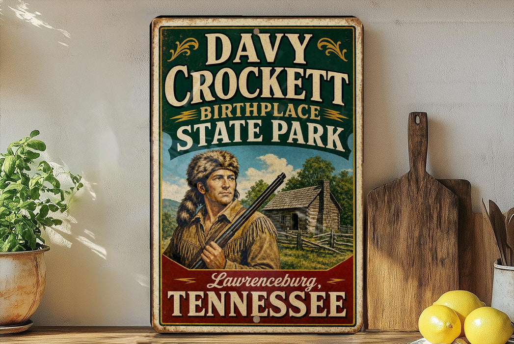 A vintage-style sign for Davy Crockett Birthplace State Park in Lawrenceburg, Tennessee, featuring an illustration of a man holding a rifle and standing in front of a cabin.