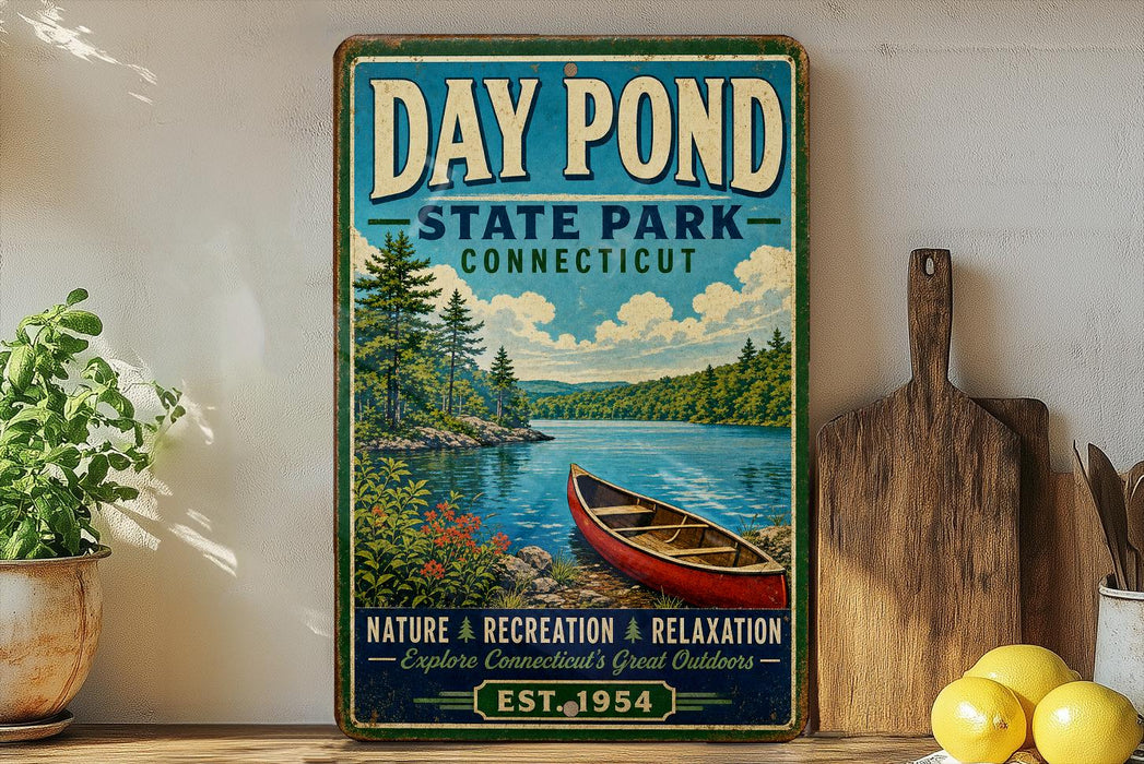A vintage-style poster advertising Day Pond State Park in Connecticut, featuring a canoe on a lake surrounded by trees and mountains.