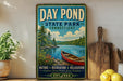 A vintage-style poster advertising Day Pond State Park in Connecticut, featuring a canoe on a lake surrounded by trees and mountains.