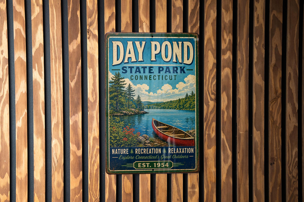 A vintage metal sign for Day Pond State Park in Connecticut, featuring a scenic image of a lake with a canoe, surrounded by pine trees and mountains.