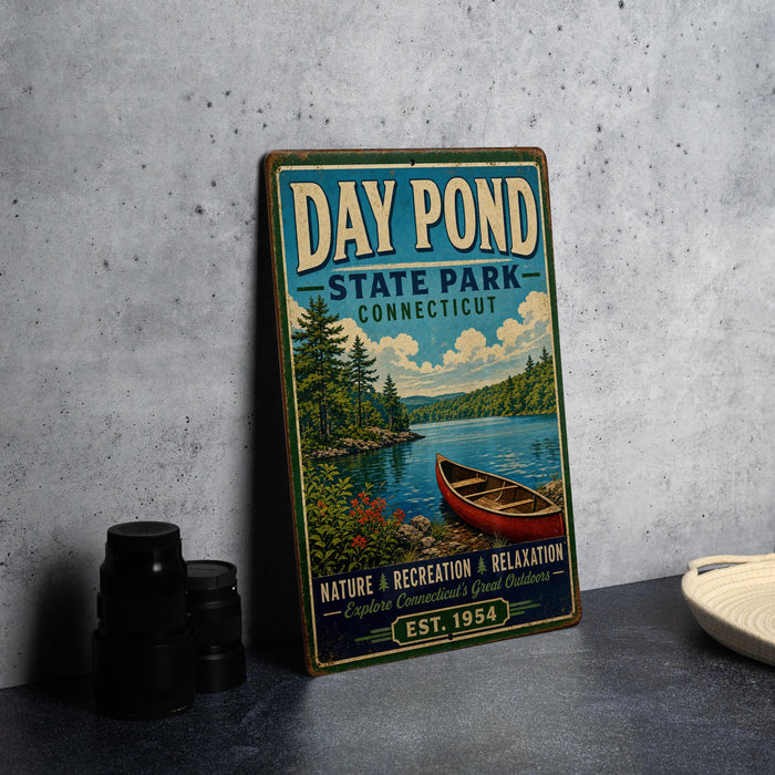 A vintage-style sign for Day Pond State Park in Connecticut, featuring a scenic image of a lake with a canoe, surrounded by pine trees and mountains.