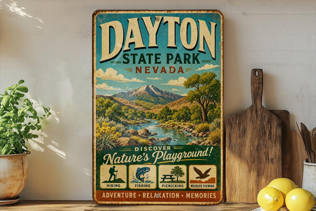 A vintage-style metal sign for Dayton State Park, Nevada, featuring a scenic mountain landscape and various outdoor activities such as hiking, fishing, picnicking, and wildlife watching.