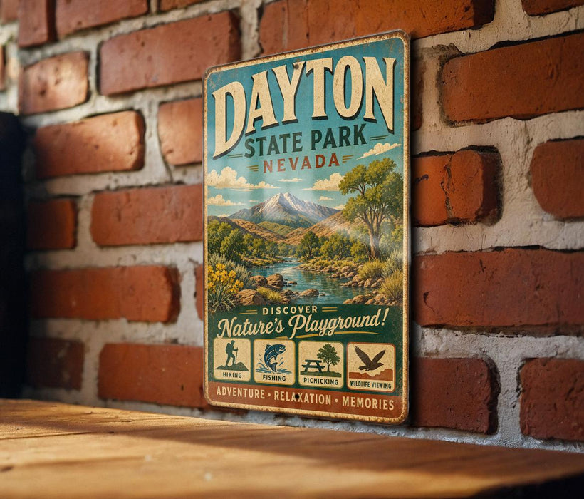 A vintage metal sign for Dayton State Park, Nevada, featuring a scenic landscape with mountains, a river, and various outdoor activities such as hiking, fishing, and wildlife viewing.