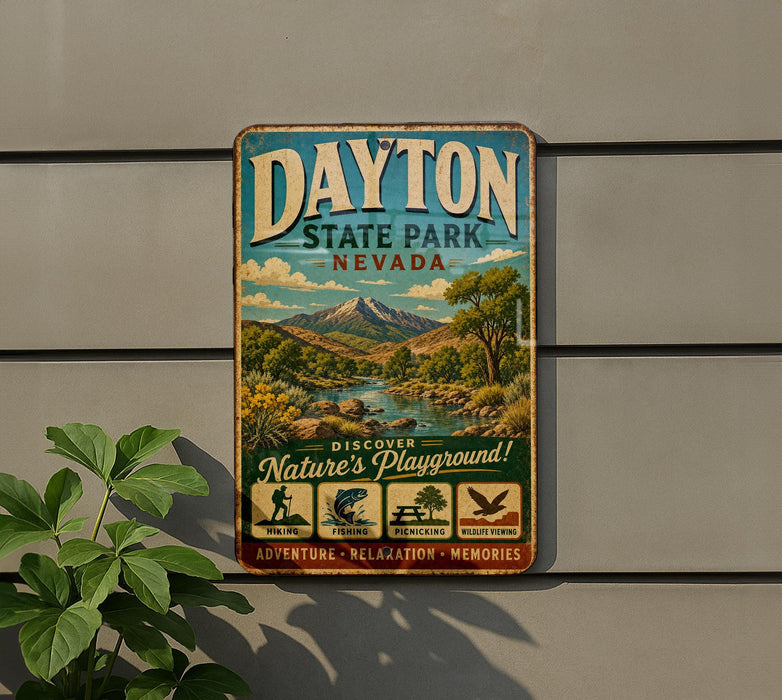 A vintage metal sign for Dayton State Park, Nevada, featuring a scenic landscape with mountains, a river, and various outdoor activities such as hiking, fishing, and wildlife viewing.