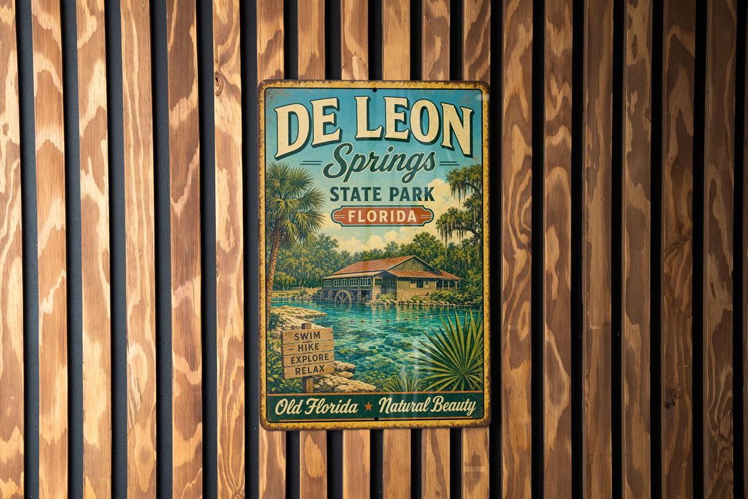 A vintage-style metal sign for De Leon Springs State Park in Florida, featuring a tropical landscape with palm trees and a body of water.