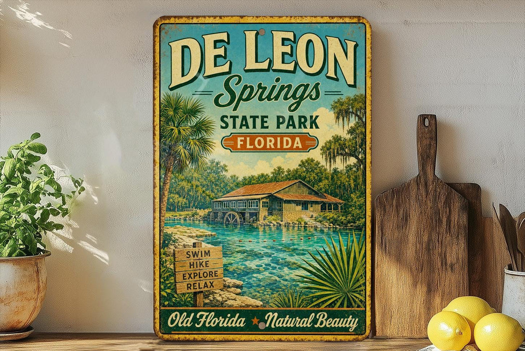 A vintage-style sign for De Leon Springs State Park in Florida, featuring a tropical landscape with palm trees, a house, and a body of water.