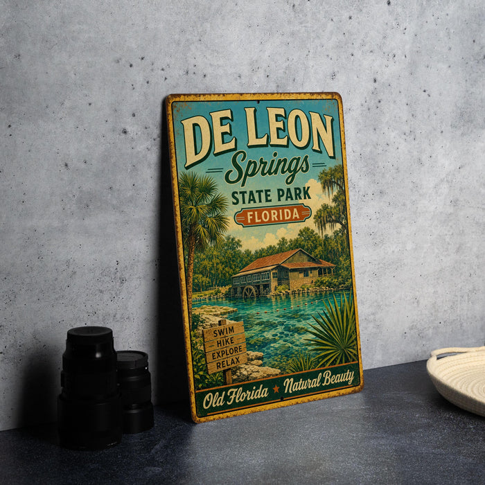 A vintage-style metal sign for De Leon Springs State Park in Florida, featuring a tropical landscape with palm trees and a house.