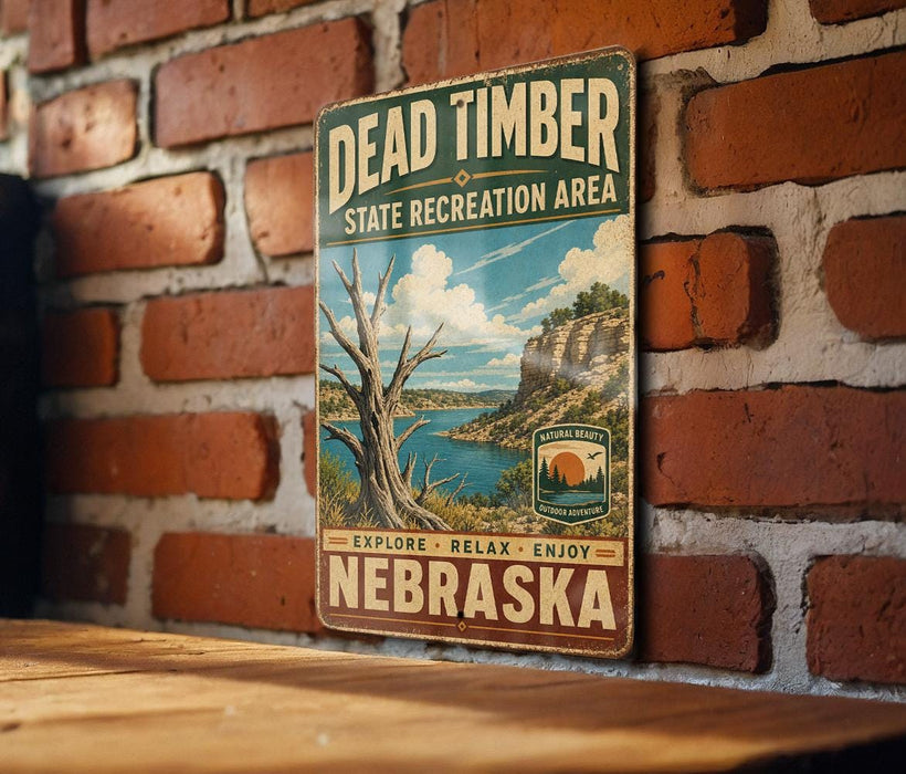 A vintage-style metal sign for Dead Timber State Recreation Area in Nebraska, featuring a scenic landscape with a lake and mountains.