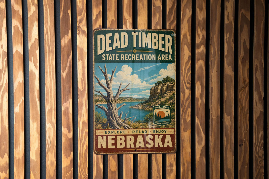 A vintage metal sign for Dead Timber State Recreation Area in Nebraska, featuring a scenic landscape with a lake and mountains.