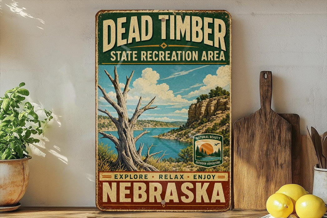 A vintage-style sign for Dead Timber State Recreation Area in Nebraska, featuring a scenic landscape with a lake and mountains.