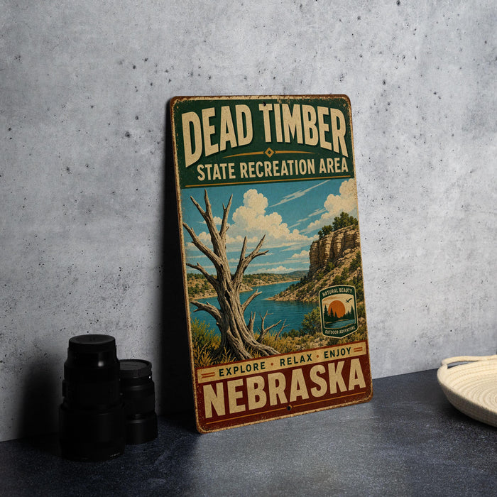 A vintage-style metal sign for Dead Timber State Recreation Area in Nebraska, featuring a scenic landscape with a lake and mountains.
