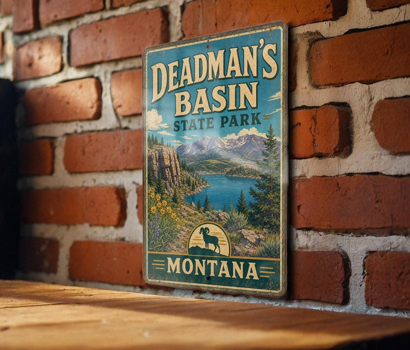 A vintage metal sign for Deadman's Basin State Park in Montana, featuring a scenic mountain landscape and a river.