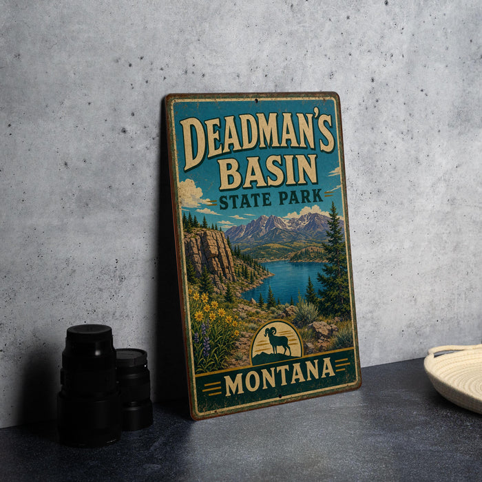 A vintage-style metal sign for Deadman's Basin State Park in Montana, featuring a scenic landscape with mountains, a lake, and a buffalo.