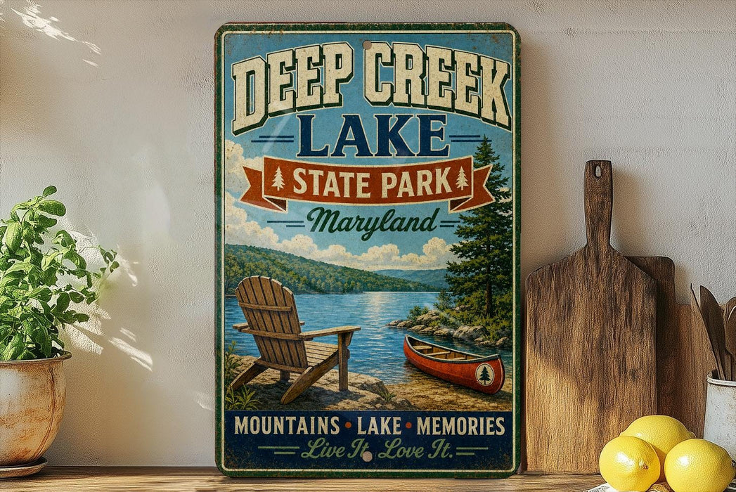 a vintage-style sign for Deep Creek Lake State Park in Maryland, with a scenic illustration of a lake, mountains, and a canoe.