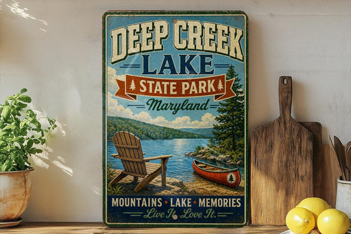a vintage-style sign for Deep Creek Lake State Park in Maryland, with a scenic illustration of a lake, mountains, and a canoe.