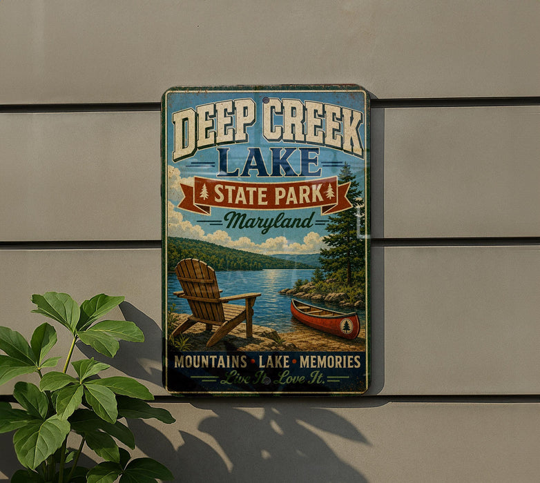 A vintage-style metal sign for Deep Creek Lake State Park in Maryland, featuring a scenic image of a lake, mountains, and a canoe.