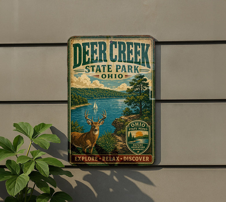 A vintage metal sign for Deer Creek State Park in Ohio, featuring a deer and a scenic landscape.
