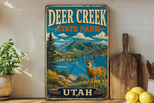 A vintage-style sign for Deer Creek State Park in Utah, featuring a scenic landscape with mountains, a lake, and a deer.