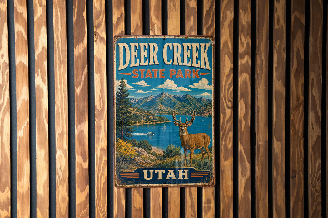 A vintage metal sign for Deer Creek State Park in Utah, featuring a scenic landscape with mountains, a lake, and a deer.