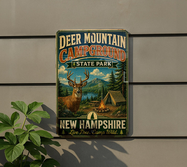 A metal sign for Deer Mountain Campground in New Hampshire, featuring a deer and camping equipment.