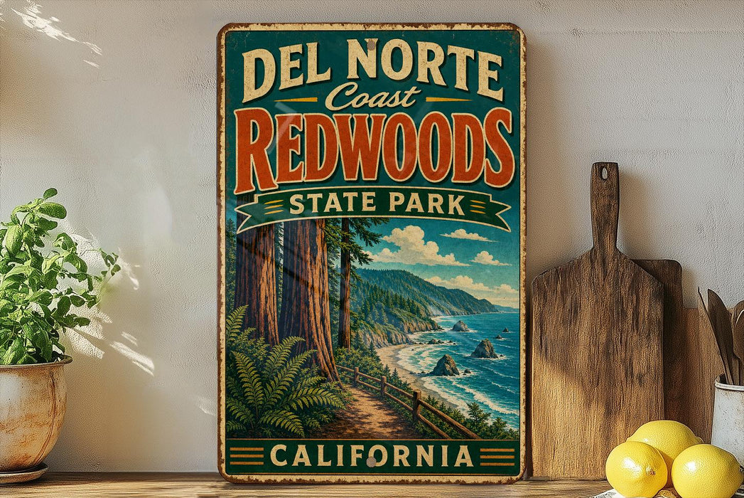 A vintage-style sign for Del Norte Coast Redwoods State Park in California, featuring a scenic illustration of the park's landscape.