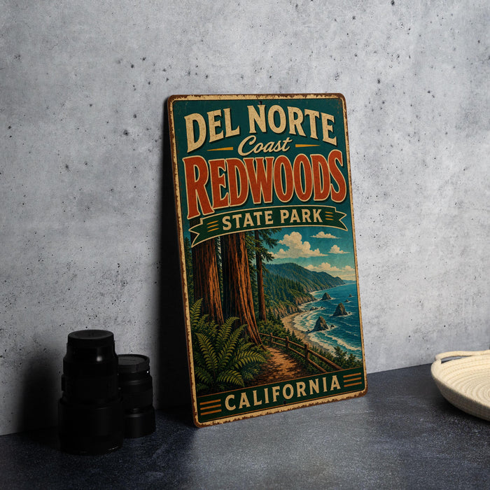 A vintage metal sign for Del Norte Coast Redwoods State Park in California, featuring a scenic illustration of the park's landscape.