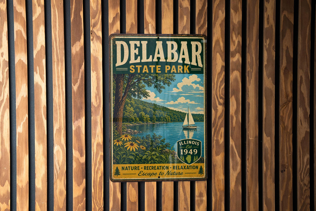 A vintage metal sign for Delabar State Park, featuring a scenic illustration of a lake, trees, and a sailboat, mounted on a wooden wall.