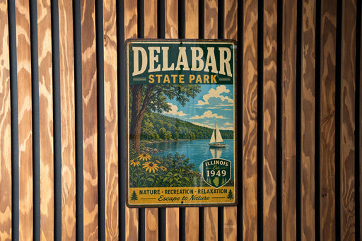 A vintage metal sign for Delabar State Park, featuring a scenic illustration of a lake, trees, and a sailboat, mounted on a wooden wall.