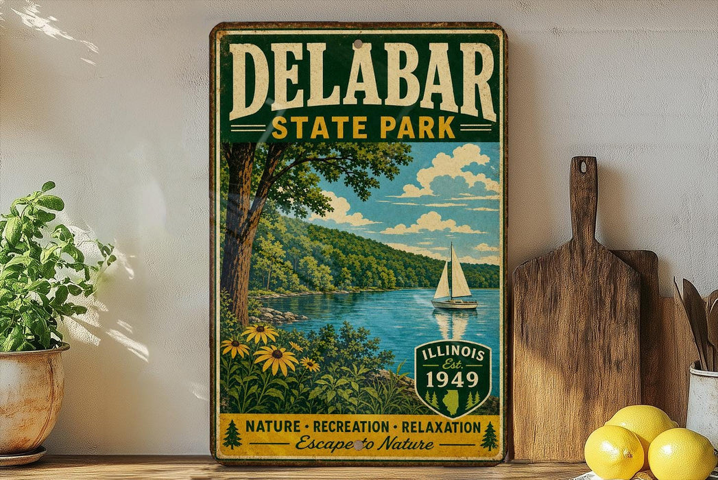 A vintage-style sign for Delabar State Park, featuring a scenic illustration of a lake, trees, and a sailboat, along with the text "ILLINOIS est. 1949 NATURE - RECREATION - RELAXATION Escape to Nature".