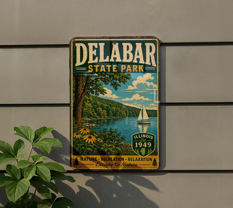 A vintage metal sign for Delabar State Park, featuring a scenic landscape with a lake, sailboat, and lush greenery.
