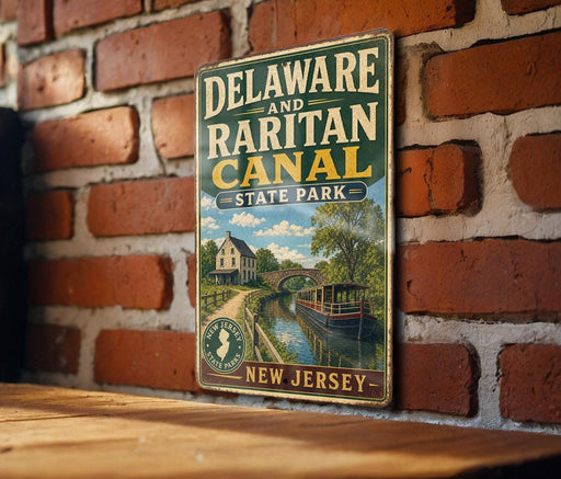 A vintage metal sign for Delaware and Raritan Canal State Park, featuring a scenic illustration of a canal with a bridge and a house.
