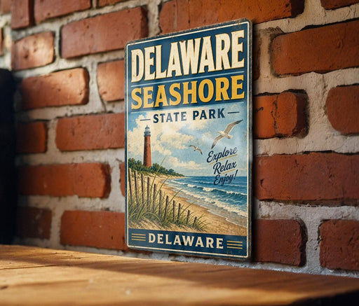 A vintage metal sign for Delaware Shore State Park, featuring a lighthouse and beach scene, is displayed on a brick wall.