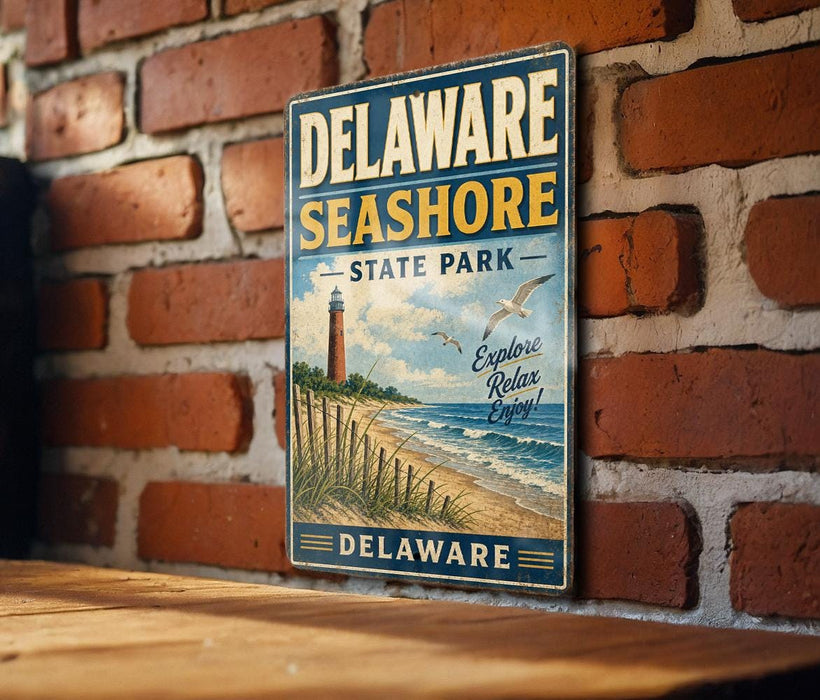 A vintage metal sign for Delaware Shore State Park, featuring a lighthouse and beach scene, is displayed on a brick wall.