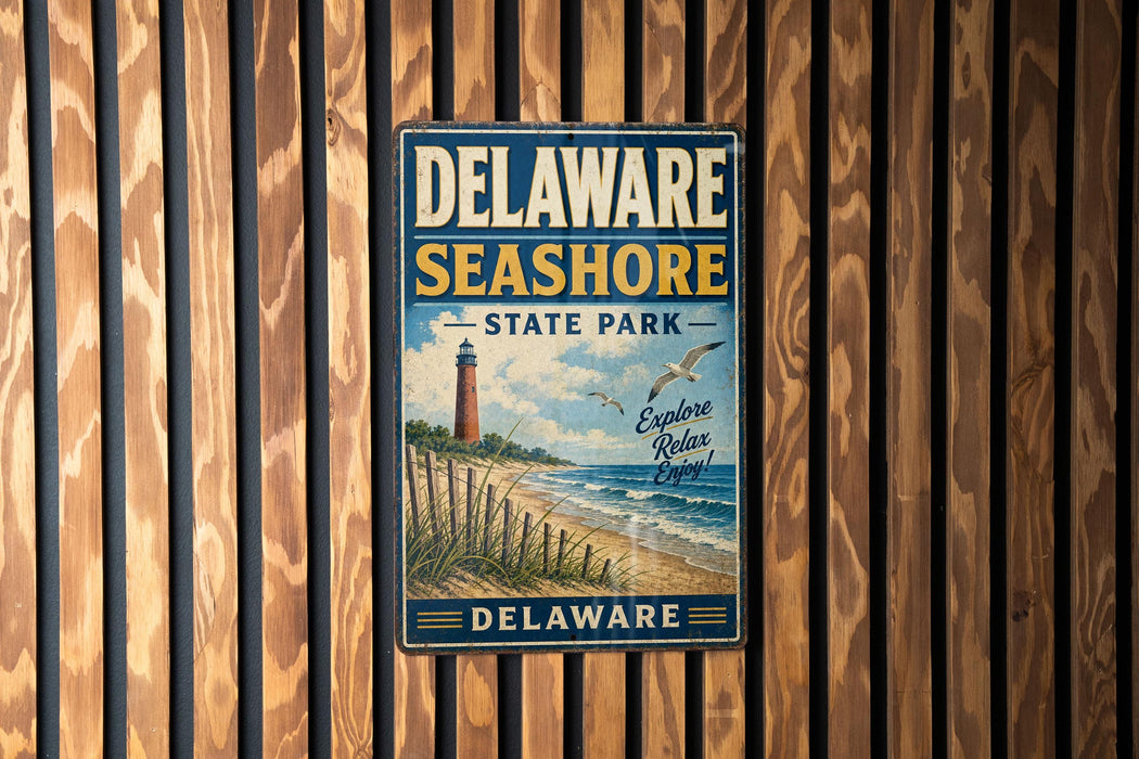 A vintage metal sign for Delaware Shore State Park, featuring a lighthouse and beach scene, is displayed on a wooden wall.