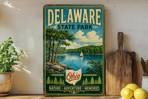 A vintage-style metal sign for Delaware State Park, featuring a scenic lake and mountains with a sailboat, is displayed on a wooden shelf next to a potted plant and a cutting board.